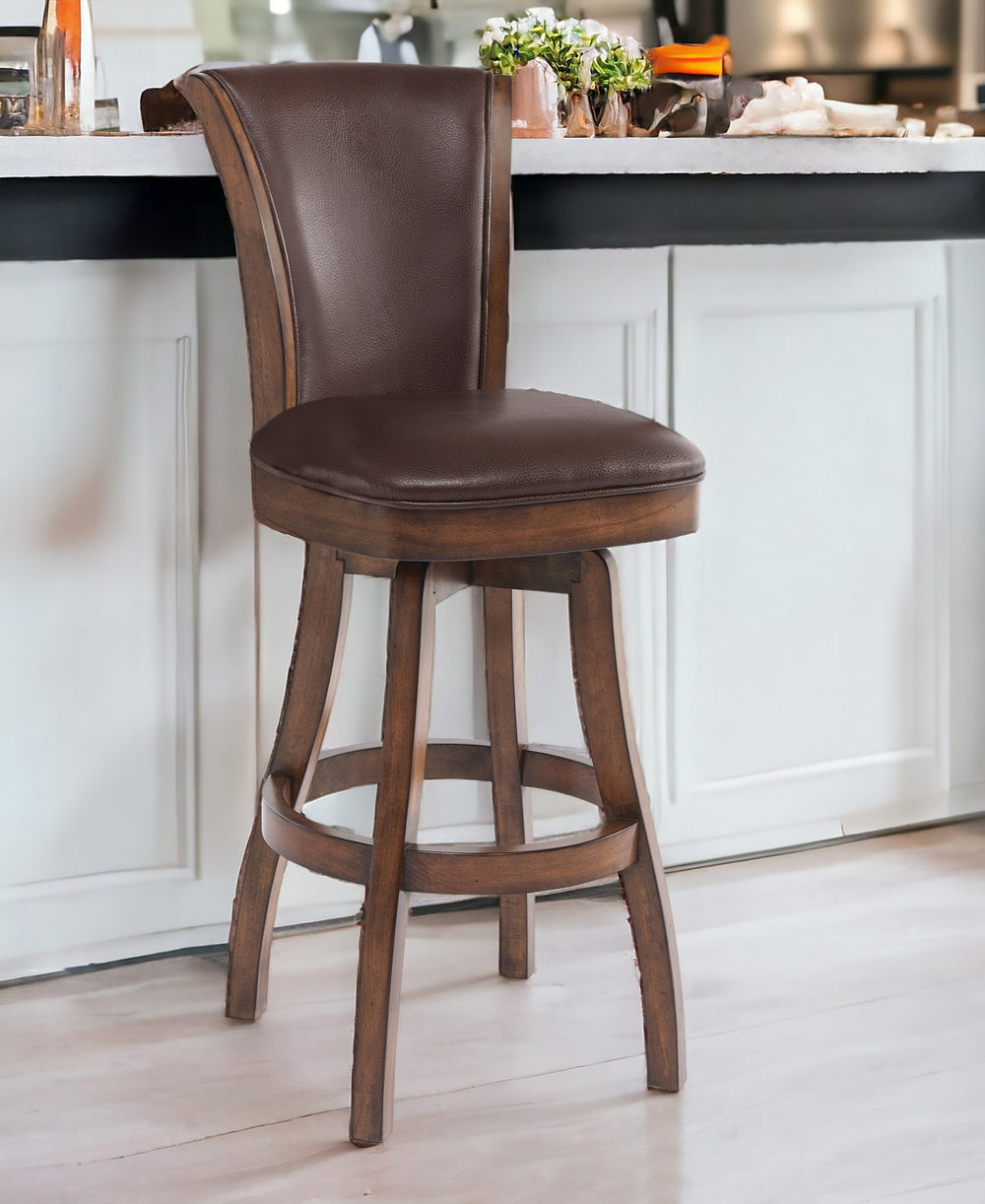 Homeroots 26" Brown And Chestnut Faux Leather And Solid Wood Swivel Counter Height Bar Chair   477216