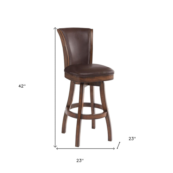 Homeroots 26" Brown And Chestnut Faux Leather And Solid Wood Swivel Counter Height Bar Chair   477216