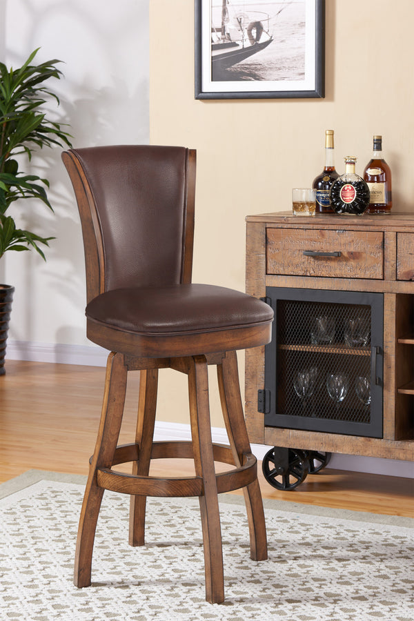 Homeroots 30" Brown And Chestnut Faux Leather And Solid Wood Swivel Bar Height Bar Chair   477217