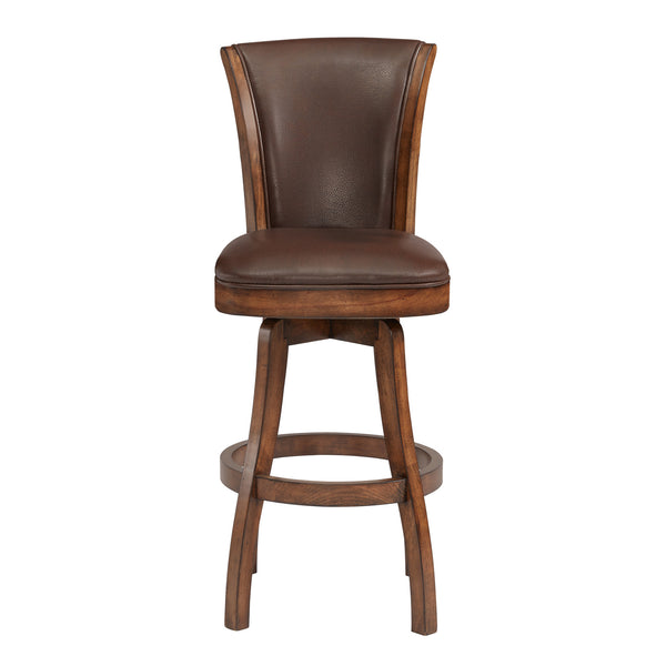 Homeroots 30" Brown And Chestnut Faux Leather And Solid Wood Swivel Bar Height Bar Chair   477217