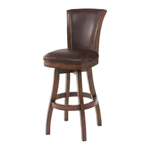 Homeroots 30" Brown And Chestnut Faux Leather And Solid Wood Swivel Bar Height Bar Chair   477217