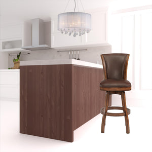 Homeroots 30" Brown And Chestnut Faux Leather And Solid Wood Swivel Bar Height Bar Chair   477217