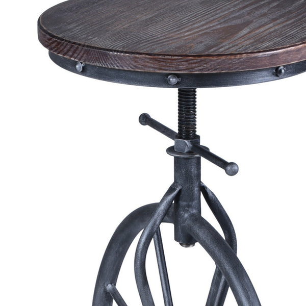 Homeroots Brown And Gray Solid Wood With Iron Swivel Backless Adjustable Height Bar Chair   477228