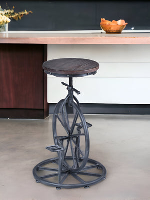 Homeroots Brown And Gray Solid Wood With Iron Swivel Backless Adjustable Height Bar Chair   477228