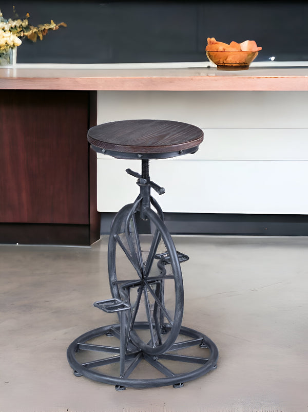 Homeroots Brown And Gray Solid Wood With Iron Swivel Backless Adjustable Height Bar Chair   477228