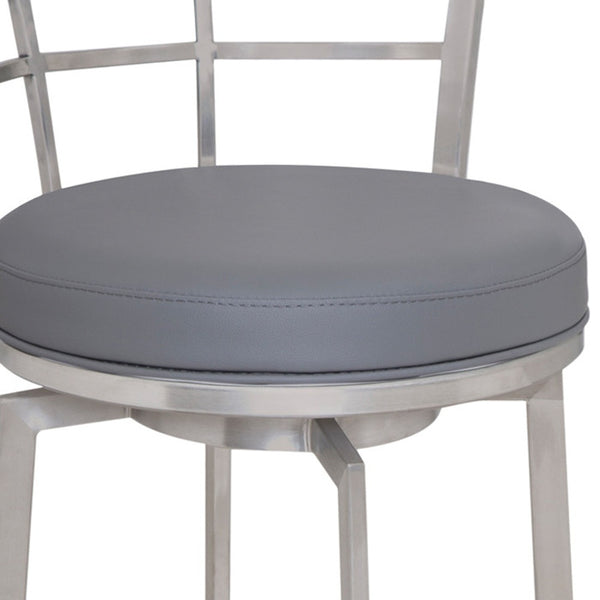 Homeroots 26" Gray And Silver Faux Leather And Iron Swivel Low Back Counter Height Bar Chair   477231