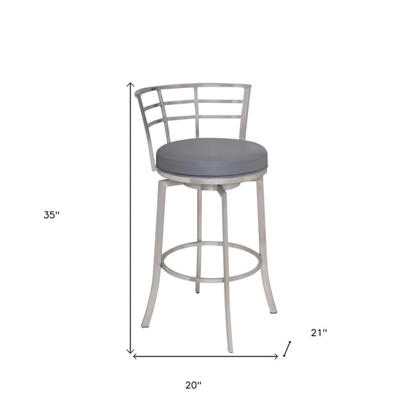 Homeroots 26" Gray And Silver Faux Leather And Iron Swivel Low Back Counter Height Bar Chair   477231