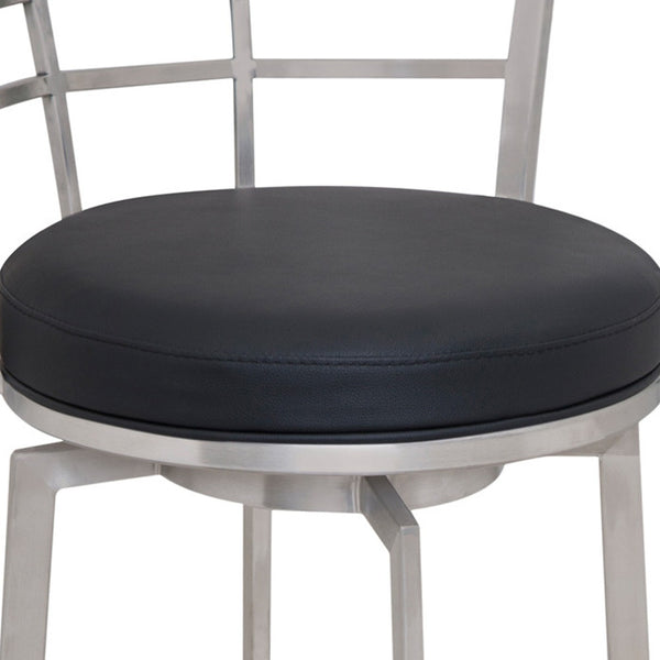 Homeroots 30" Black And Silver Faux Leather And Iron Swivel Low Back Bar Height Bar Chair   477234