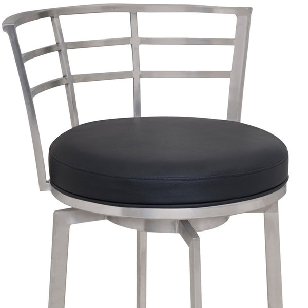 Homeroots 30" Black And Silver Faux Leather And Iron Swivel Low Back Bar Height Bar Chair   477234