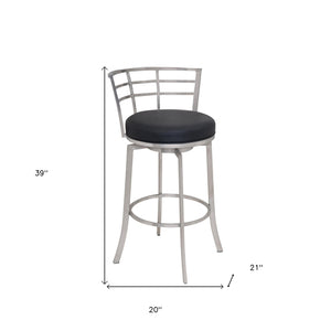 Homeroots 30" Black And Silver Faux Leather And Iron Swivel Low Back Bar Height Bar Chair   477234