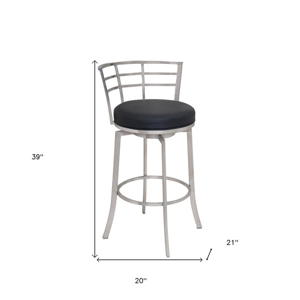Homeroots 30" Black And Silver Faux Leather And Iron Swivel Low Back Bar Height Bar Chair   477234