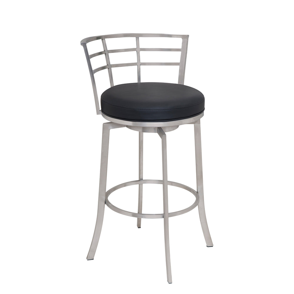 Homeroots 30" Black And Silver Faux Leather And Iron Swivel Low Back Bar Height Bar Chair   477234