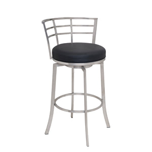 Homeroots 30" Black And Silver Faux Leather And Iron Swivel Low Back Bar Height Bar Chair   477234