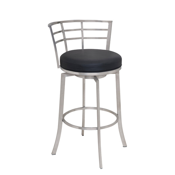 Homeroots 30" Black And Silver Faux Leather And Iron Swivel Low Back Bar Height Bar Chair   477234