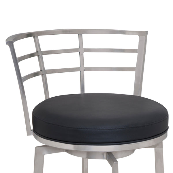 Homeroots 30" Black And Silver Faux Leather And Iron Swivel Low Back Bar Height Bar Chair   477234