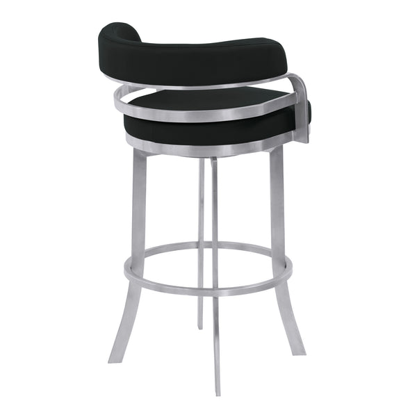 Homeroots 30" Black And Silver Faux Leather And Iron Swivel Low Back Bar Height Bar Chair   477242