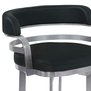 Homeroots 30" Black And Silver Faux Leather And Iron Swivel Low Back Bar Height Bar Chair   477242