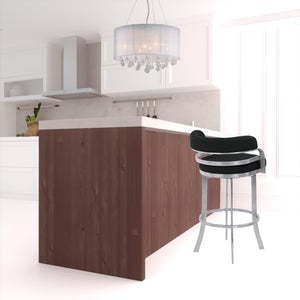 Homeroots 30" Black And Silver Faux Leather And Iron Swivel Low Back Bar Height Bar Chair   477242