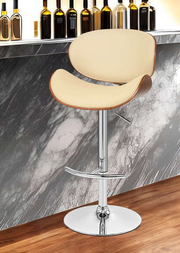 HomeRoots Cream Faux Leather Adjustable Height Swivel Bar Chair with Solid Wood Base and Footrest Comfort 477244