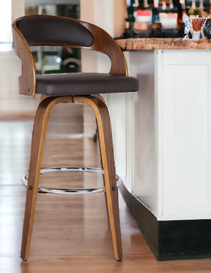 Homeroots 26" Brown Faux Leather And Solid Wood Swivel Low Back Counter Height Bar Chair   477250