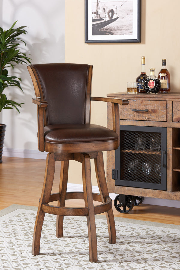 Homeroots 26" Brown And Chestnut Faux Leather And Solid Wood Swivel Counter Height Bar Chair   477251
