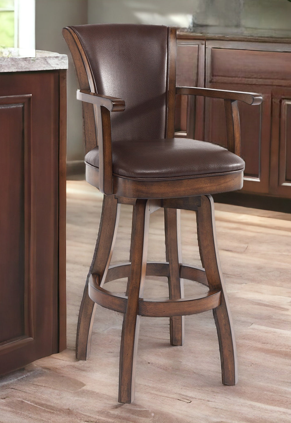 Homeroots 26" Brown And Chestnut Faux Leather And Solid Wood Swivel Counter Height Bar Chair   477251