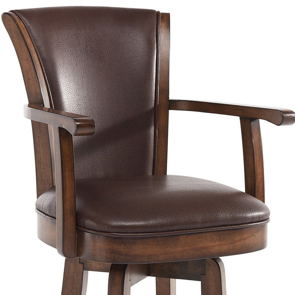 Homeroots 26" Brown And Chestnut Faux Leather And Solid Wood Swivel Counter Height Bar Chair   477251