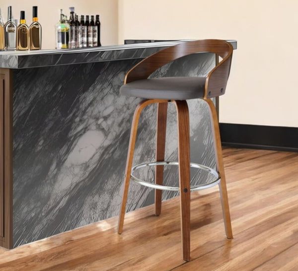 HomeRoots 30" Stylish Gray Faux Leather Low Back Swivel Bar Chair with Durable Iron Base for Modern Spaces 477252