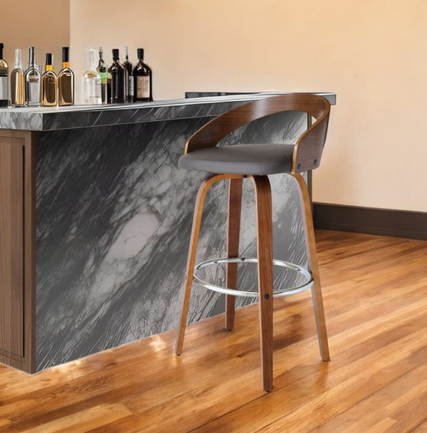 HomeRoots 30" Stylish Gray Faux Leather Low Back Swivel Bar Chair with Durable Iron Base for Modern Spaces 477252