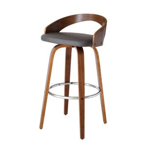 Homeroots 30" Gray And Brown Faux Leather And Iron Low Back Bar Height Swivel Bar Chair   477252