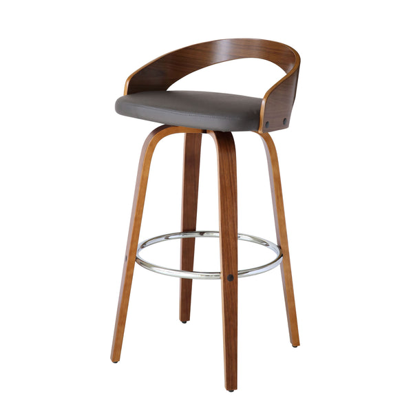 Homeroots 30" Gray And Brown Faux Leather And Iron Low Back Bar Height Swivel Bar Chair   477252