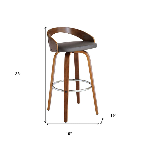 Homeroots 30" Gray And Brown Faux Leather And Iron Low Back Bar Height Swivel Bar Chair   477252