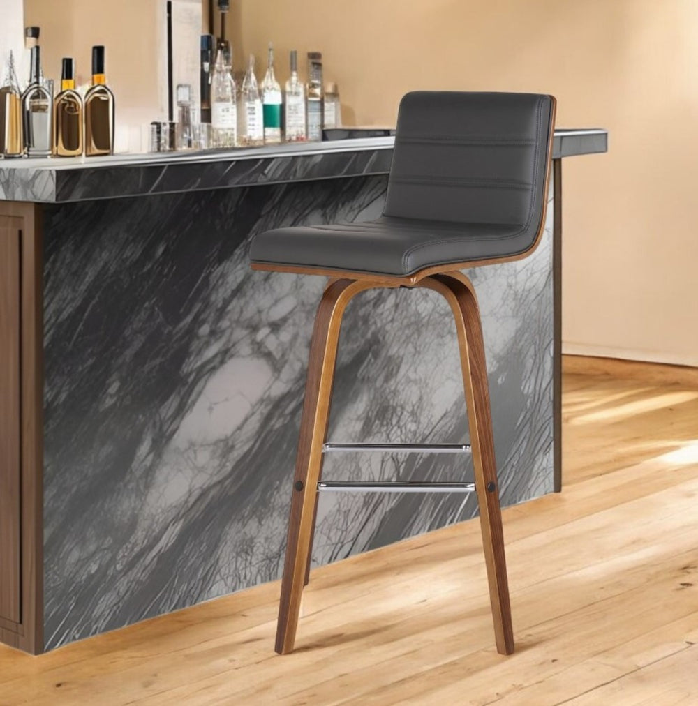 Homeroots 26" Gray And Brown Fabric And Solid Wood Low Back Counter Height Swivel Bar Chair   477254