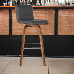 Homeroots 30" Gray And Brown Faux Leather And Wood Swivel Low Back Bar Height Bar Chair   477255