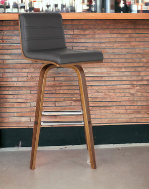 Homeroots 30" Gray And Brown Faux Leather And Wood Swivel Low Back Bar Height Bar Chair   477255