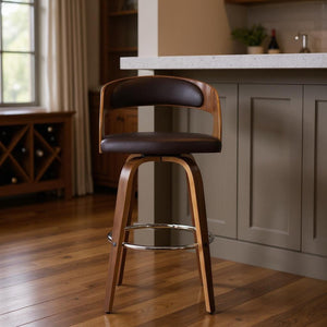 HomeRoots 30" Modern Walnut Swivel Bar Chair with Brown Faux Leather & Open Back Design for Comfort & Style 477256
