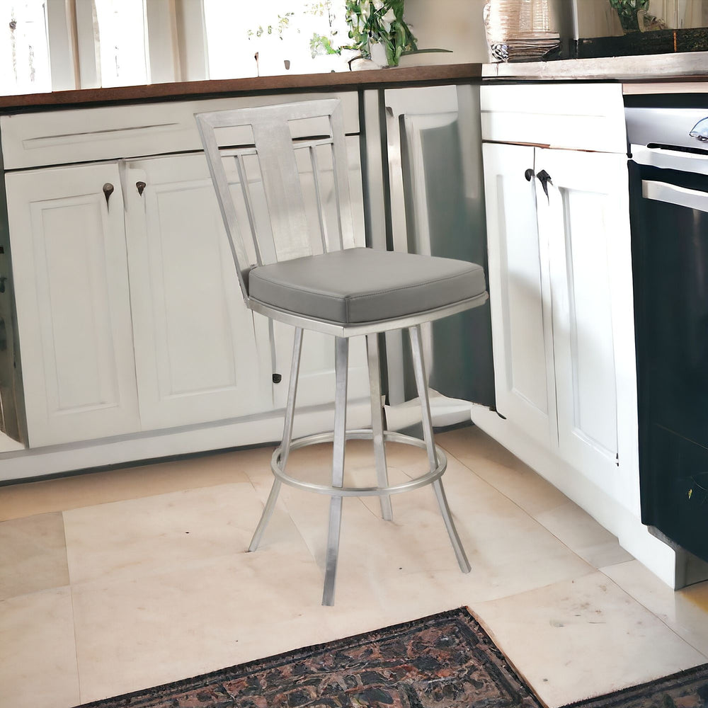 Homeroots 26" Gray And Silver Iron Swivel Counter Height Bar Chair   477261