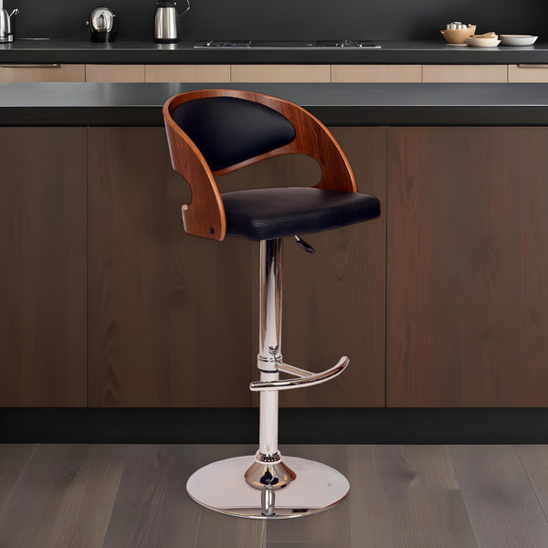 Homeroots Black And Silver Faux Leather And Chrome Low Back Adjustable Height Swivel Bar Chair Black  477272