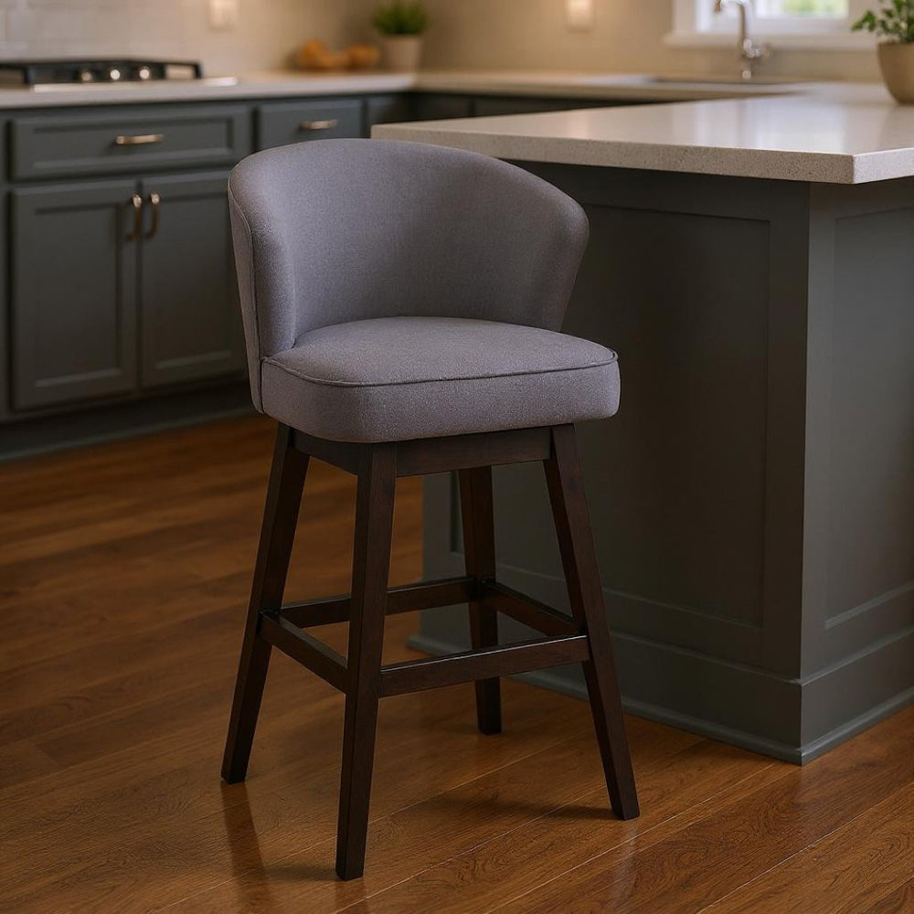 HomeRoots 27" Gray And Espresso Swivel Low Back Bar Chair - Retro-Modern Comfort for Stylish Dining Spaces 477283