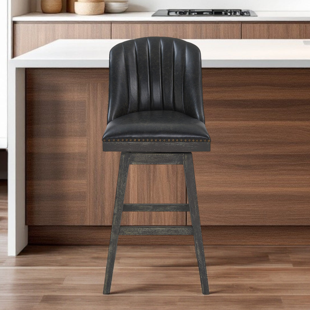 Homeroots 27" Onyx And Gray Faux Leather And Solid Wood Swivel Counter Height Bar Chair   477298