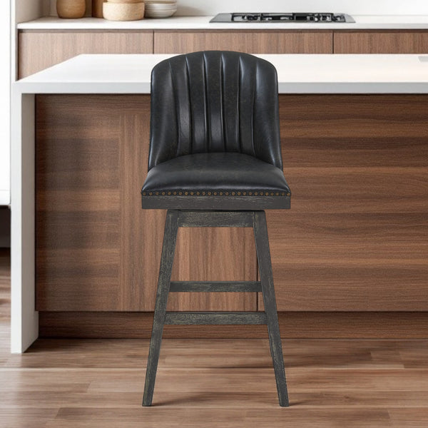 Homeroots 27" Onyx And Gray Faux Leather And Solid Wood Swivel Counter Height Bar Chair   477298