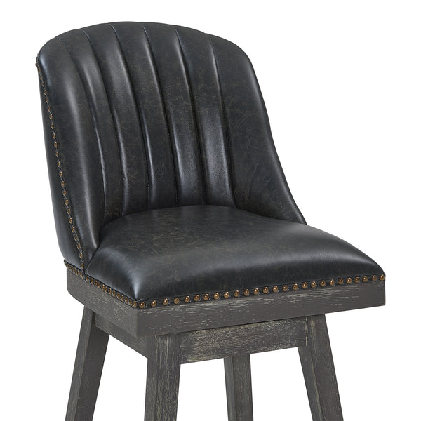 Homeroots 31" Onyx And Gray Faux Leather And Solid Wood Swivel Bar Height Bar Chair   477299