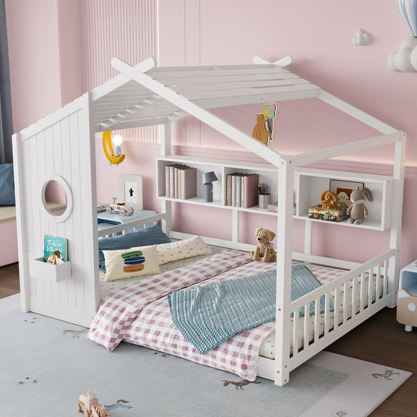 English Elm Full House Floor Bed with Roof Playhouse Design, Montessori Style with Rear Storage Shelf, Sturdy Pine White 78.5 L x 16.35 W x 8 H N733P335068K