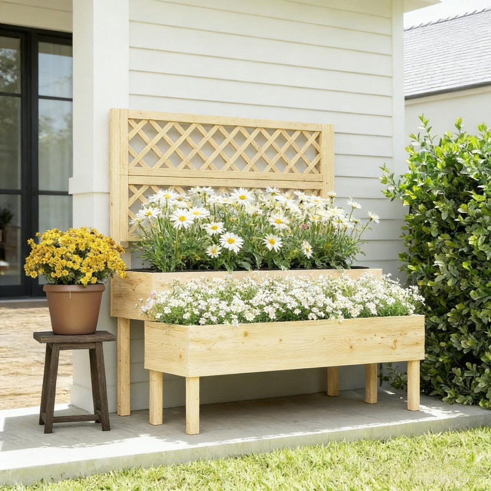 English Elm Patio Fir Wood Tiered Raised Garden Bed with Built-in Trellis for Climbing Plants T3971P476916