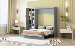 English Elm Full Size Murphy Bed with Open Shelving Wardrobe and Led Lighting for Studio Spaces Gray LP000898AAE-1