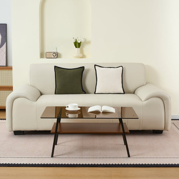 English Elm Rectangle Coffee Table – Modern Brown Tempered Glass With Sturdy Black Metal Legs For Living Rooms W241126036-GIGA