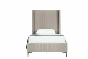 English Elm Promenade Upholstered Velvet Twin Bed with Vertical Stitched Headboard, Solid Slats, No Box Spring Needed taupe B365S00054