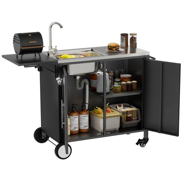 English Elm Outdoor Stainless Steel Grill Cart with Sink Foldable Top and Lockable Wheels W3190P426842