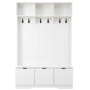 English Elm 49.6 Inch Farmhouse Hall Tree with Bench Shoe Cabinet Hooks and Open Shelving W3871S00001