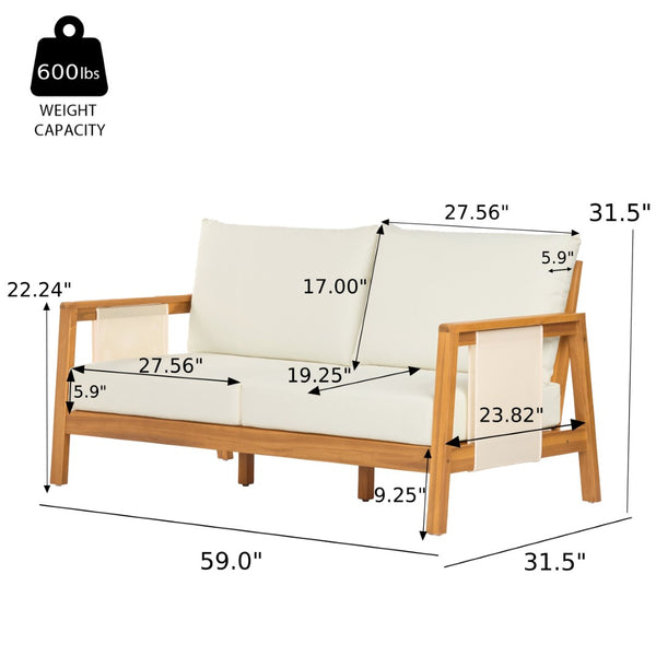 English Elm 2 Piece Outdoor Acacia Wood Loveseat and Coffee Table Set with Textilene Weave Cushions Brown,Teak+ Beige N768P368824T